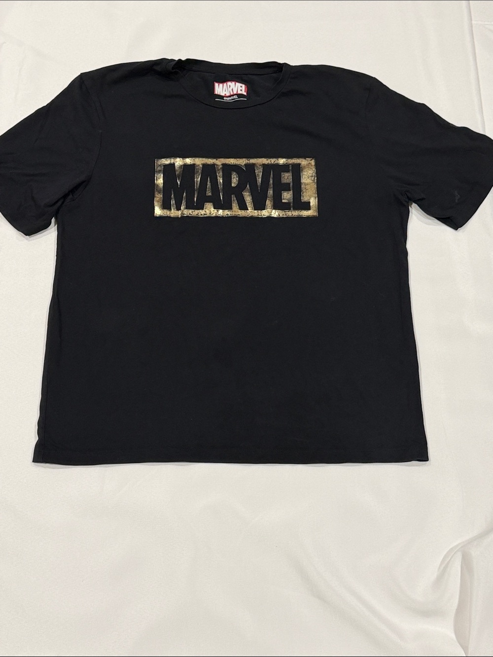 Marvel Black Short Sleeve Tee with Metallic Gold Box Logo